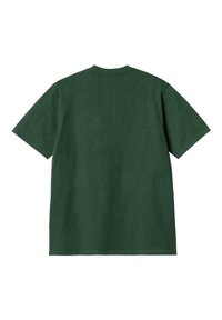 Camiseta de algodón verde con cuello redondo y mangas cortas, con un corte holgado y una textura suave. Sin gráficos ni patrones visibles.