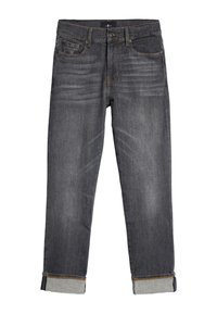 Ciemnoszare dżinsy o prostym kroju, z pięcioma kieszeniami i podwiniętymi mankietami z kontrastową jasnoszarą podszewką.