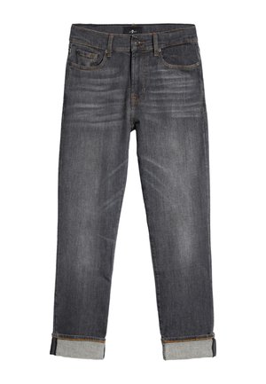 Ciemnoszare dżinsy o prostym kroju, z pięcioma kieszeniami i podwiniętymi mankietami z kontrastową jasnoszarą podszewką.