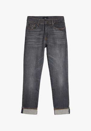 Jeans in denim grigio scuro con vestibilità dritta, cinque tasche e risvolti con fodera interna a contrasto in grigio chiaro.