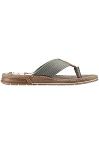 Grön tyg flip-flop sandal med brun accent, strukturerad fotbädd och gummisula. Har en bred remdesign för komfort.