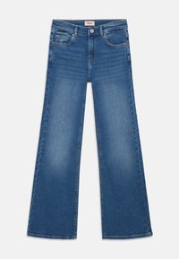 Blauwe denim wide-leg jeans met een middelhoge taille, voorzien van vijf zakken en een klassieke knoopsluiting. Soepele textuur en minimale vervaging.