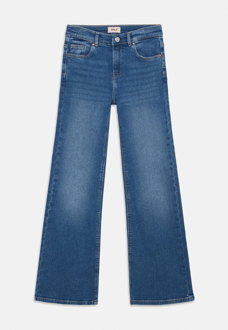 Blå denim vide bukser med mellem høj talje, der har fem lommer og en klassisk knaplukning. Glat tekstur og minimal falming.