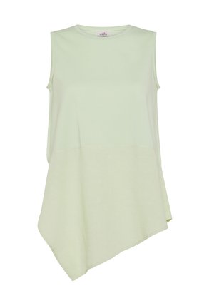 Top sin mangas de color verde claro con un dobladillo asimétrico. Fabricado con una tela suave, presenta un escote redondeado y un corte relajado.