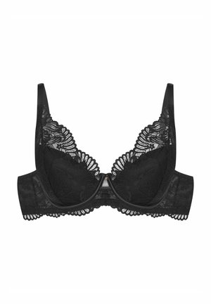 Black lace bra featuring floral design, underwire support, scalloped edges, and a smooth fabric band. Adjustable straps for fit.