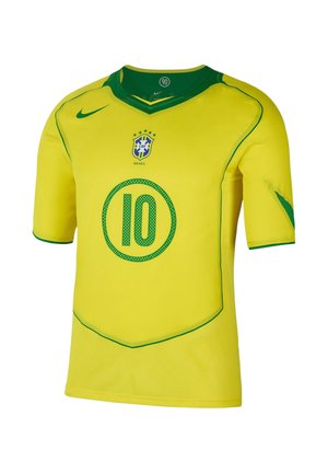 Brazilian football jersey in bright yellow, with green accents. Features include short sleeves, a v-neck, and "10" printed in a dotted circle.