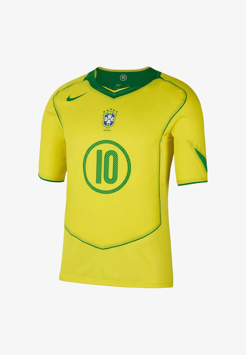 Brasilianisches Fußballtrikot in leuchtendem Gelb mit grünen Akzenten. Merkmale sind kurze Ärmel, ein V-Ausschnitt und die Zahl "10", die in einem gepunkteten Kreis aufgedruckt ist.
