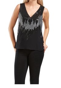 Top senza maniche nero con scollatura a V, caratterizzato da un design di paillettes argentate che assomigliano a onde sonore, texture liscia e vestibilità ampia.