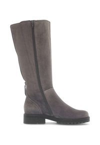 Gray suede knee-high boot with a side zipper, rounded toe, and a textured rubber sole for traction. Features a sleek silhouette and minimal accents.