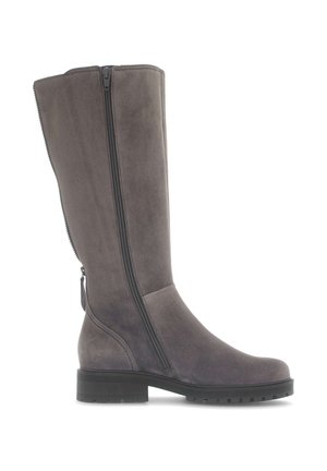 Gray suede knee-high boot with a side zipper, rounded toe, and a textured rubber sole for traction. Features a sleek silhouette and minimal accents.