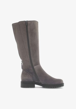 Graue Wildleder-Stiefel bis zum Knie mit einem seitlichen Reißverschluss, abgerundeter Spitze und einer strukturierten Gummisohle für bessere Traktion. Verfügt über eine elegante Silhouette und minimale Akzente.