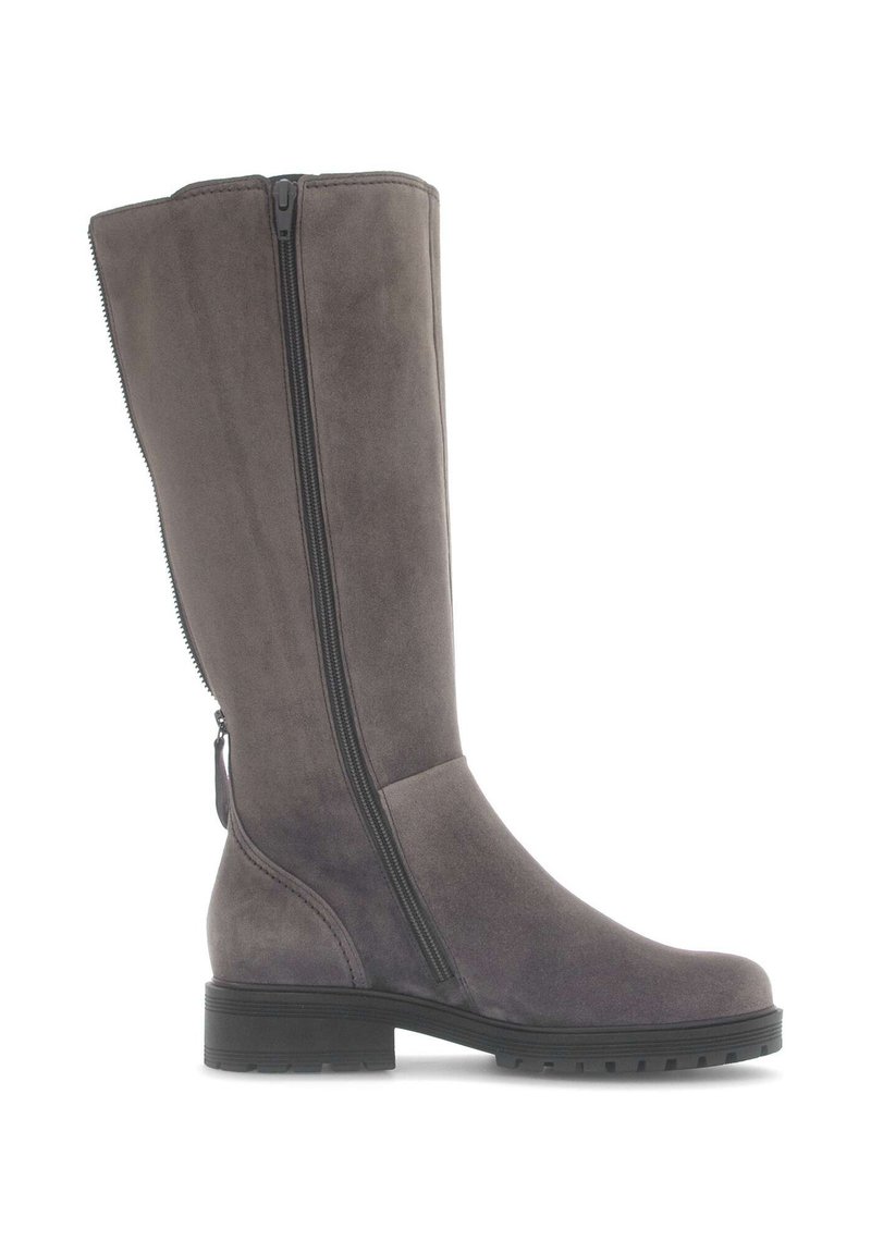 Gray suede knee-high boot with a side zipper, rounded toe, and a textured rubber sole for traction. Features a sleek silhouette and minimal accents.
