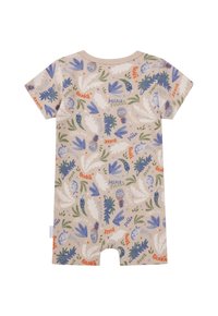 Krótkie spodenki w kolorze beżowym wykonane z bawełny, z kolorowymi wzorami owoców i liści. Posiada okrągły dekolt i krótkie nogawki.