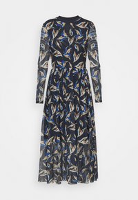 Långärmad klänning i marinblått tyg, med ett bladmönster i blått, beige och krämfärgat. Flödande kjol med veck och en figurnära midja.