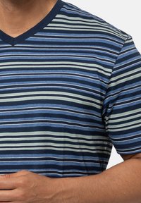 Gestreepte t-shirt in marineblauw, lichtblauw en groen. Heeft een V-halslijn, korte mouwen en een zachte katoenen structuur. Horizontale strepen variëren in breedte.