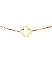 Gouden ketting met een quatrefoil hanger met een open midden, een gladde oppervlakte en dunne schakels, ontworpen voor een minimalistische uitstraling.