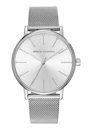 Sølv Armani Exchange armbåndsur med minimalistisk urskive, tynde timeindikatorer og en metal mesh-rem, viser klokken 9:37:45.