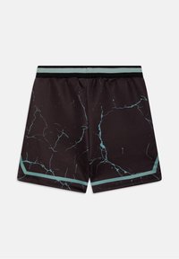 Shorts de sport noirs avec un motif marbré bleu clair et une taille élastique rayée bleu clair assortie, ainsi que des accents en hémisphère bleu clair.