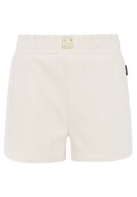 Haal beige shorts valmistettu pehmeästä, teksturoidusta kankaasta. Varustettu elastisella vyötärönauhalla ja pienellä bränditunnisteella sivussa. Yksinkertainen, rento muotoilu.