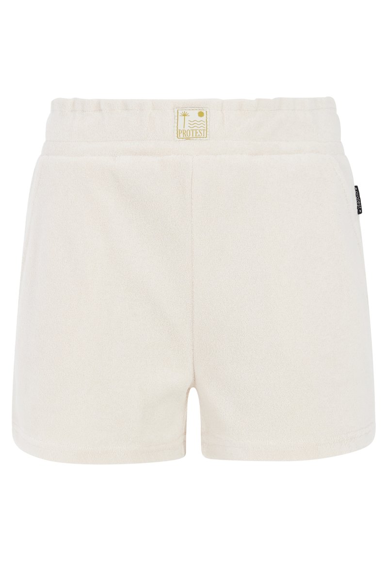 Light beige shorts made of soft, textured fabric. Features an elastic waistband and a small brand tag on the side. Simple, casual design.