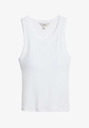 White ribbed sleeveless tank top with round neckline and M&S label at the collar, laid flat on a white background.