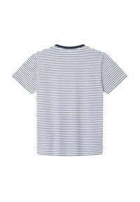 Camiseta de manga corta a rayas, blanca con rayas horizontales azul marino, escote redondo, tela de mezcla de algodón, corte casual.