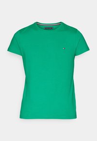 Zielona bawełniana koszulka z krótkim rękawem, okrągłym dekoltem i małym logo. Gładka faktura i klasyczny krój.