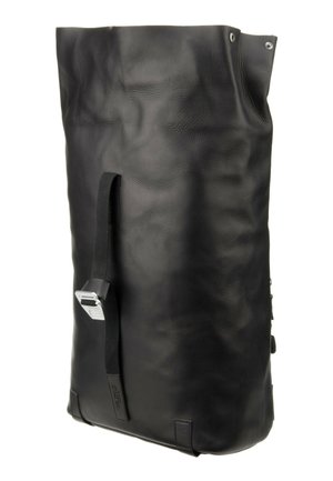 Black rectangular roll-top backpack with textured material and an adjustable buckle strap on the front for securing the closure.