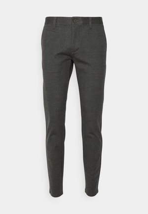 Donkergrijze op maat gemaakte broek van een gestructureerde stof, met een ritssluiting, knoopsluiting en zijzakken. Smal model.