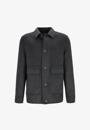 Gray wool-blend jacket with a collared neckline, front button closure, two chest pockets, and long sleeves.