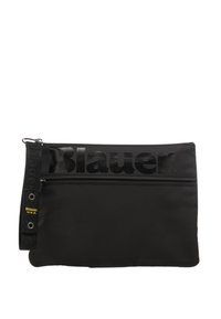 Borsa a mano nera in nylon con logo "Blauer" lucido, chiusura con zip, tracolla testurizzata e design piatto senza motivi visibili.
