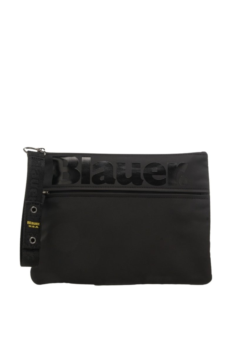 Borsa a mano nera in nylon con logo "Blauer" lucido, chiusura con zip, tracolla testurizzata e design piatto senza motivi visibili.