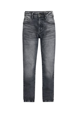 Dunkelgraue Jeans aus Denim mit geradem Schnitt, fünf Taschen, dezenten Ausbleichungen und metallischem Knopfverschluss am Bund.