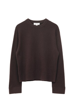 Donkerbruine gebreide trui met lange mouwen en ronde hals, met geribbelde boorden aan de manchetten, zoom en halslijn, plat gelegd op een witte achtergrond.