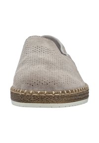 Light gray suede slip-on shoe with perforated upper, woven jute trim, and rubber sole, featuring a rounded toe and soft texture.