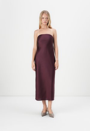 Burgundy strapless satin maxi dress with a fitted bodice and a straight silhouette, featuring a smooth texture and flowing skirt.