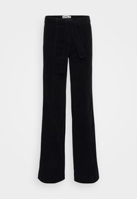 Black corduroy wide-leg trousers with a fabric belt, featuring subtle stitching details and a fitted waistband for tailored styling.