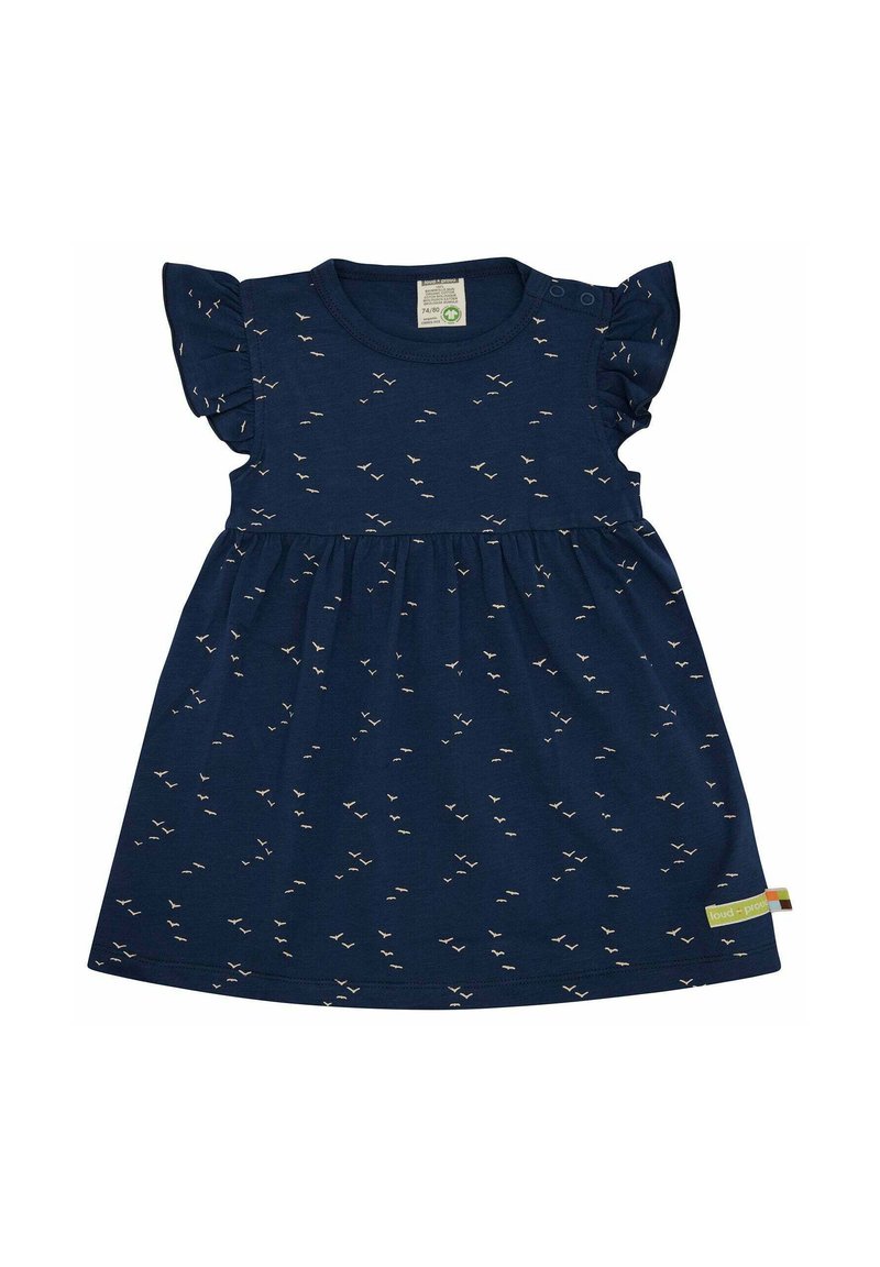 Abito blu navy con maniche corte a volant, caratterizzato da un motivo di piccoli uccelli beige sparsi. Realizzato in materiale morbido ed elasticizzato.