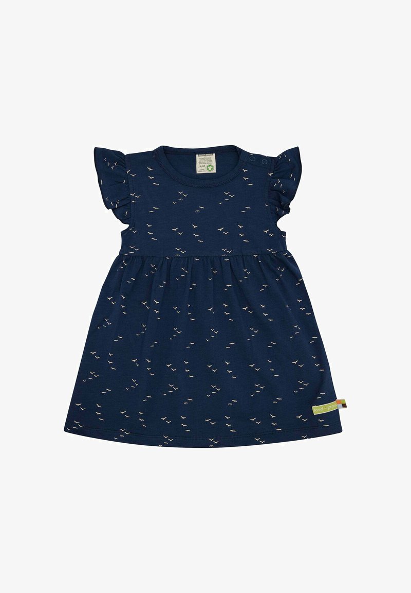 Navyblaues Kleid mit kurzen, gerafften Ärmeln, das mit einem verstreuten Muster kleiner beiger Vögel verziert ist. Hergestellt aus weichem, elastischem Material.