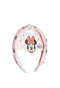 Fascia per capelli in tessuto rosa con grafica di Minnie Mouse e colorati pois. Texture morbida con un design attorcigliato nella parte superiore.