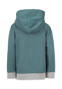 Hoodie i teal-nyans med en texturerad yta. Har grå ribbade muddar och nederkant, med en mjuk och avslappnad design.