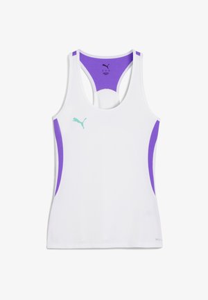 Canottiera sportiva bianca con schiena a vogatore, pannelli laterali viola e logo Puma verde menta sul petto.