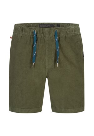 Pantalones cortos de pana verde aceituna con cintura elástica, que presentan cordones de diseño azul y blanco y una pequeña etiqueta de logo en el costado.