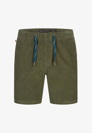 Olijfgroene corduroy shorts met een elastische tailleband, voorzien van blauwe en witte gestrikte koorden en een klein logo-label aan de zijkant.