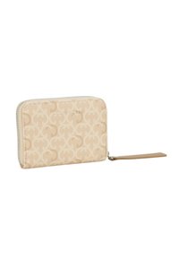 Portafoglio beige con un motivo goffrato delicato, chiusura a zip e una tracolla staccabile. Texture liscia e forma rettangolare compatta.