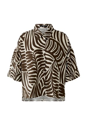 Kurzärmlige Bluse mit Knopfleiste, weitem Kragen und abstraktem braun-weißem Zebra-Streifenmuster.