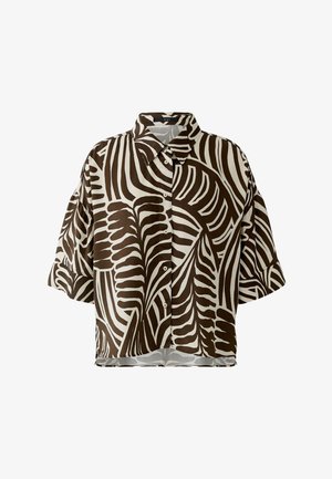 Kurzärmlige Bluse mit Knopfleiste, weitem Kragen und abstraktem braun-weißem Zebra-Streifenmuster.