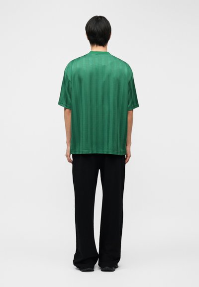 Άτομο που στέκεται με την πλάτη προς τα εμπρός, φορώντας πράσινο κοντομάνικο πουκάμισο με κάθετες ρίγες και χαλαρό μαύρο παντελόνι, μπροστά σε απλό φόντο.