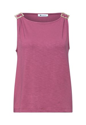 Mouwloze mauve top met ronde hals en decoratieve rechthoekige clips op elke schouder, gemaakt van zacht gestructureerde stof.