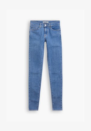 Lysblå skinsy jeans lavet af denim, med frontknap og lynlås lukning, fem lommer og en glat, lige tekstur.